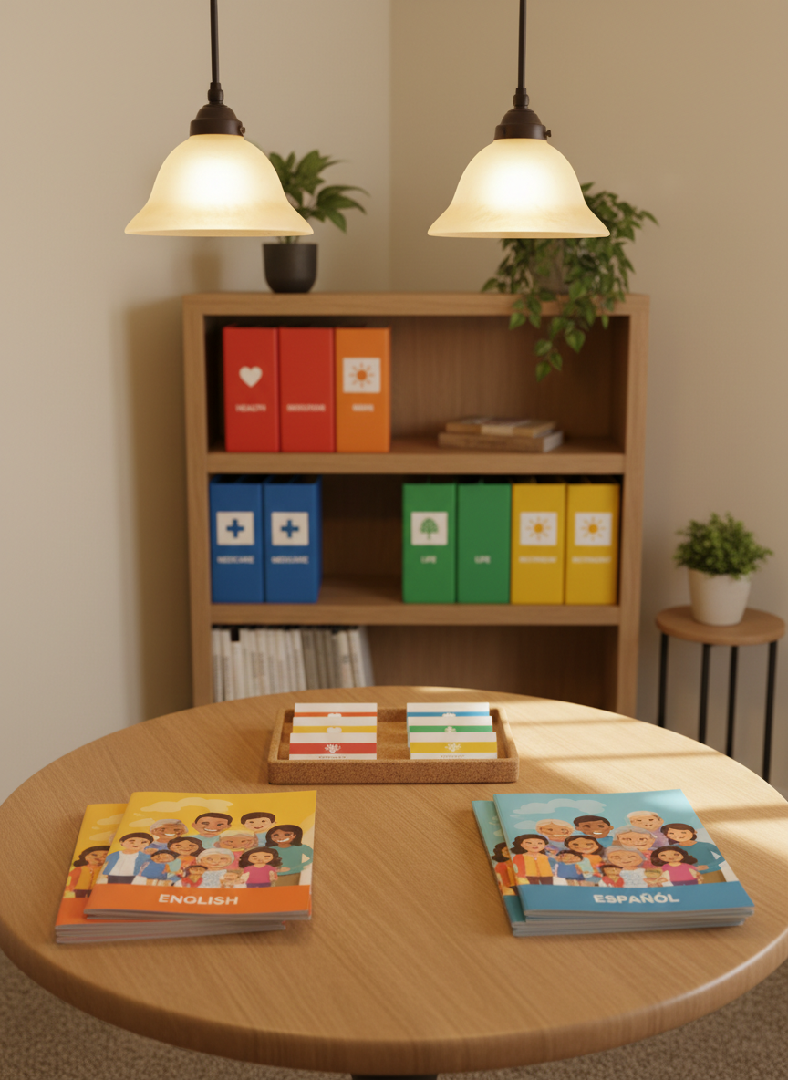 A cozy corner of a neighborhood-style office tailored to Hispanic and multicultural families, featuring a round wooden table topped with neatly stacked pamphlets in two distinguishable color schemes to represent English and Spanish resources. Each pamphlet cover shows inclusive illustrated silhouettes of various age groups, from young families to seniors. A cork tray holds business cards marked only with icons and color bands. Behind the table, a bookshelf displays binders labeled by icons for health, Medicare, life, and retirement. Warm pendant lighting casts a soft golden glow, creating gentle shadows and an inviting mood. Photographic realism, eye-level composition with moderate depth of field, capturing the space as friendly, respectful, and easy to understand.