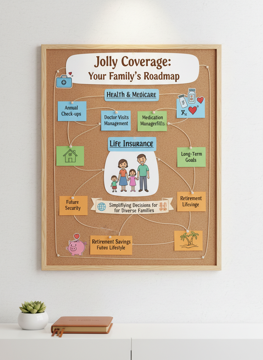 A large wall-mounted corkboard acting as a visual roadmap for family insurance planning, filled with neatly pinned color-coded cards and illustrated icons for doctor visits, prescription bottles, heart health, and retirement savings. Thin pieces of string connect related cards, forming clear pathways. The corkboard hangs above a minimalist white console table holding a small potted plant and a closed leather-bound planner. Soft studio lighting evenly illuminates the scene, reducing harsh shadows and highlighting textures of paper and cork. Photographic realism, straight-on, eye-level composition with balanced framing. The mood is structured and optimistic, conveying how Jolly Coverage simplifies complex health, Medicare, life insurance, and retirement decisions for diverse families across languages.