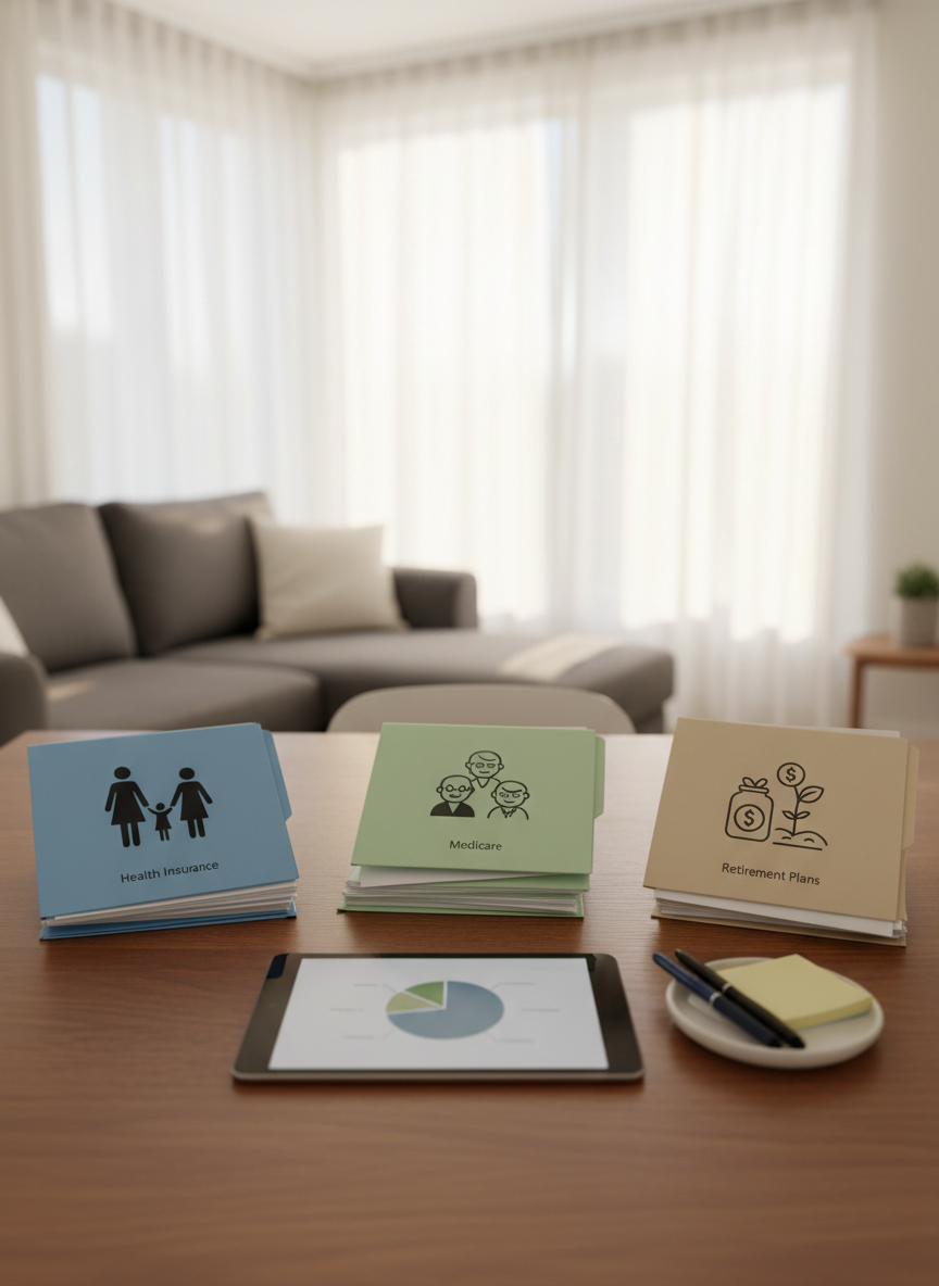 A close-up of a polished wooden dining table covered with three distinct stacks of insurance-related materials symbolizing health, Medicare, and retirement plans. Each stack uses different colored folders and illustrated icons of families, seniors, and savings jars, avoiding any text. A small ceramic dish holds pens and sticky notes, while a tablet displays a simple pie chart. The scene is set in a cozy, well-lit living room with neutral tones and a soft gray sofa in the background, out of focus. Morning natural light streams through sheer curtains, creating a calm, reassuring atmosphere. Photographic realism, shot from a slightly elevated angle with shallow depth of field, emphasizing organized options and bilingual accessibility without showing people.