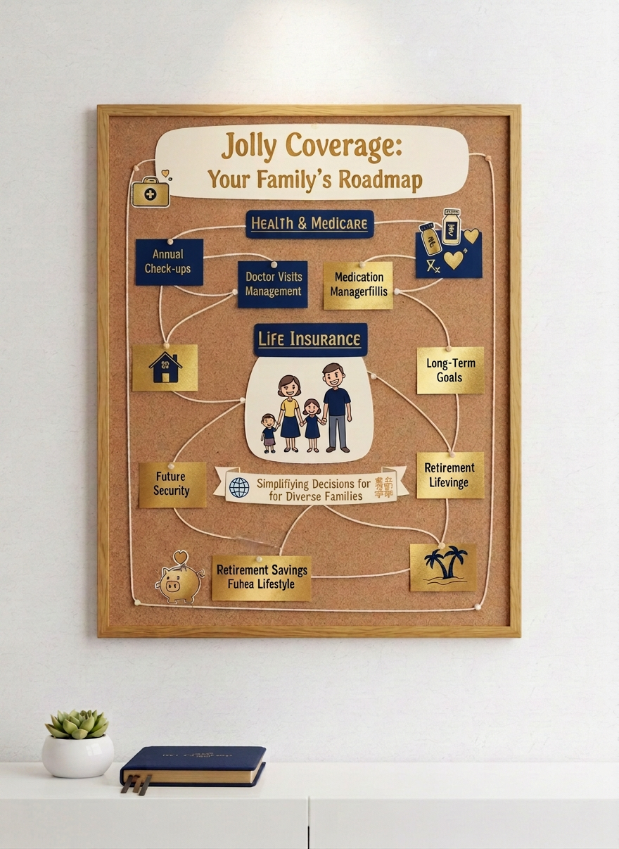 A large wall-mounted corkboard acting as a visual roadmap for family insurance planning, filled with neatly pinned color-coded cards and illustrated icons for doctor visits, prescription bottles, heart health, and retirement savings. Thin pieces of string connect related cards, forming clear pathways. The corkboard hangs above a minimalist white console table holding a small potted plant and a closed leather-bound planner. Soft studio lighting evenly illuminates the scene, reducing harsh shadows and highlighting textures of paper and cork. Photographic realism, straight-on, eye-level composition with balanced framing. The mood is structured and optimistic, conveying how Jolly Coverage simplifies complex health, Medicare, life insurance, and retirement decisions for diverse families across languages.