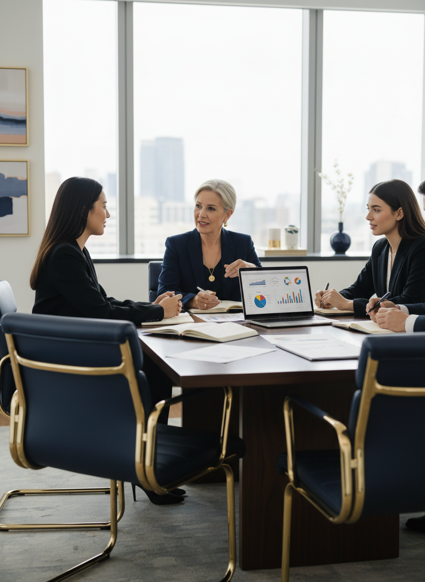 A premium professional business meeting scene in a bright modern conference room with a polished dark wood table, open documents, a sleek laptop showing charts, and elegant leather chairs.