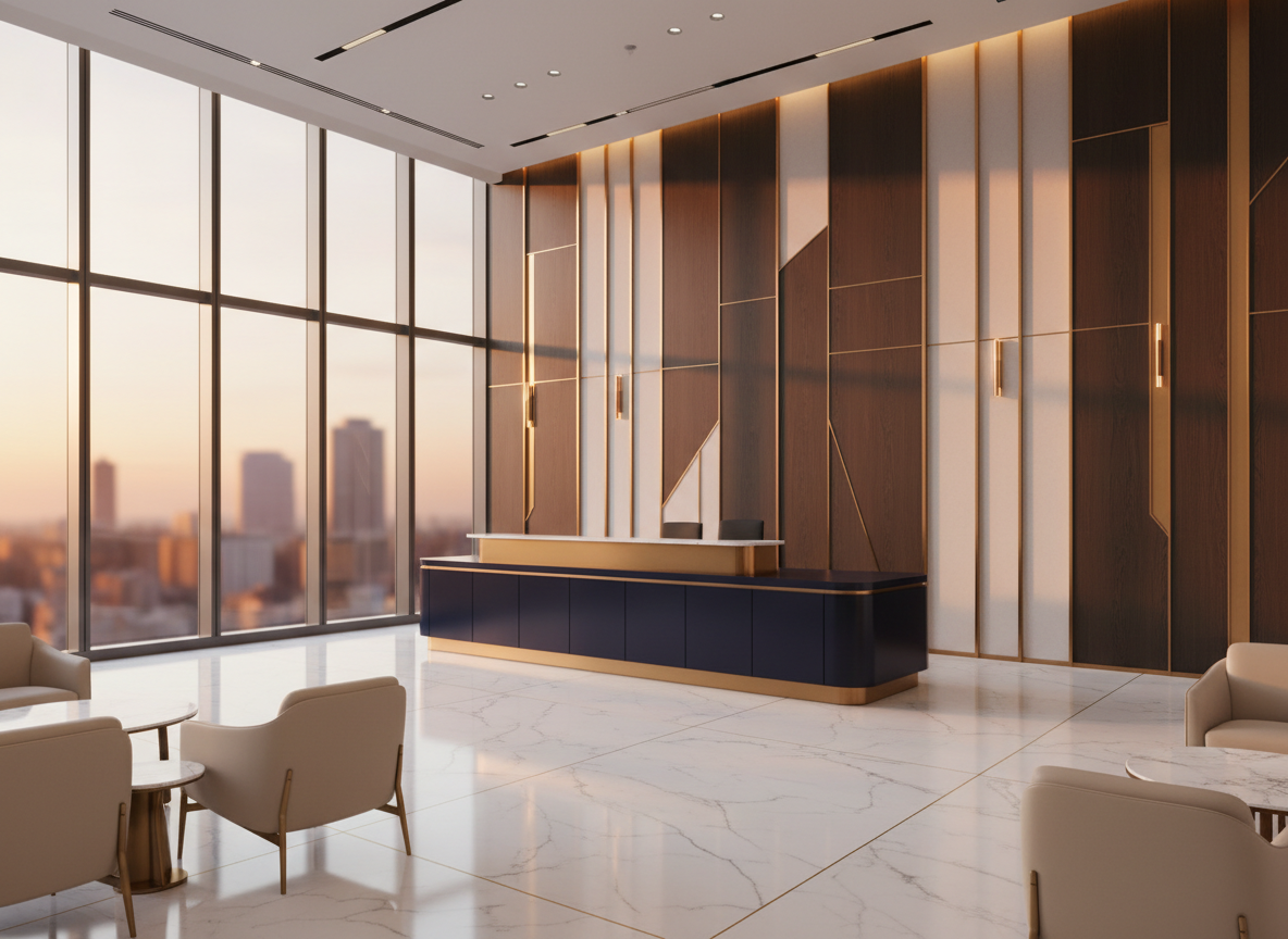 A luxurious modern corporate office lobby at golden hour with a sleek dark navy reception desk, brushed gold accents, and floor-to-ceiling windows revealing a soft-focus city skyline.